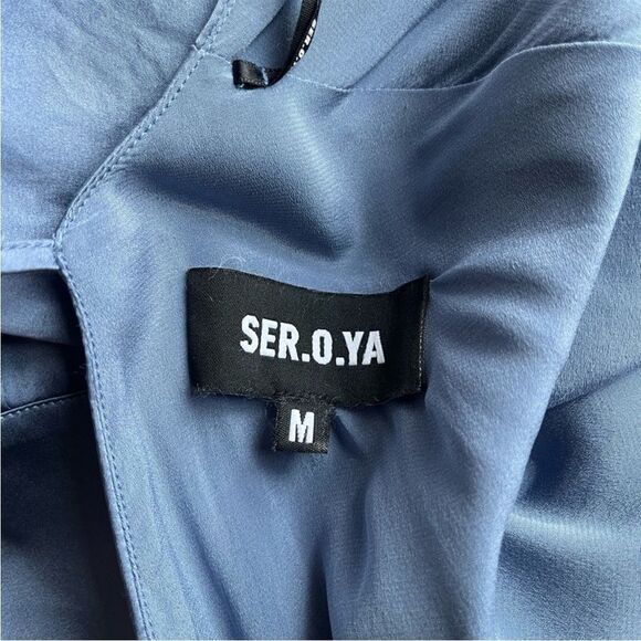 SEROYA Silk Alisa Dress Long Sleeve Mini Open Back V Neck Country Blue - Picture 7 of 13